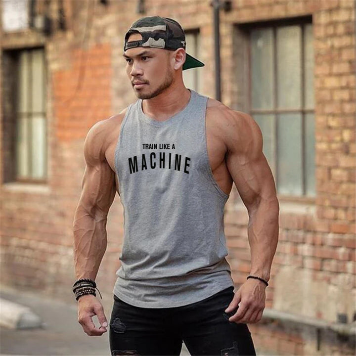 TRAIN LIKE A MACHINE Cotton Bodybuilding Tank Top Mens Workout Singlets Fitness Stringer Clothing  Sleeveless Men's casual vest