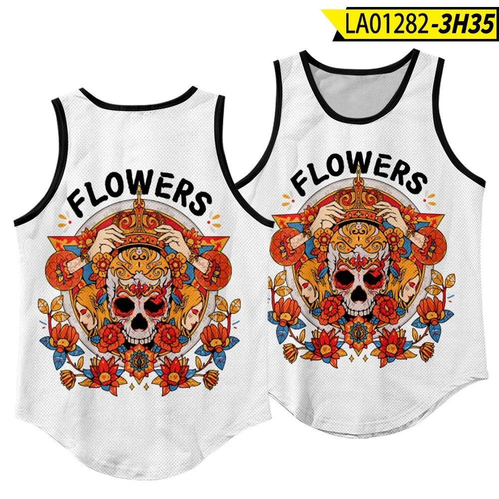 Summer Workout Black Print Sleeveless Beach Undershirt Vest Men Tank Top Gym Stringer Singlets Fitness Clothing