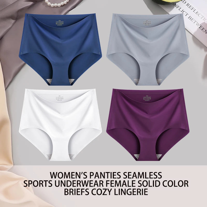 4PCS/SET Plus Size Underwear Women's Panties Ice Silk Solid Color Ladies Seamless Underpants High Waist Sexy Breathable Lingerie