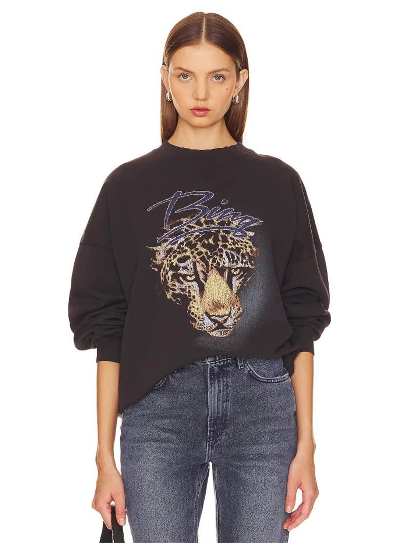 New Autumn Winter Styles North American Tiger Head Digital Printing Washed Fried Color Distressed Women's AB Sweatshirt - ATFH
