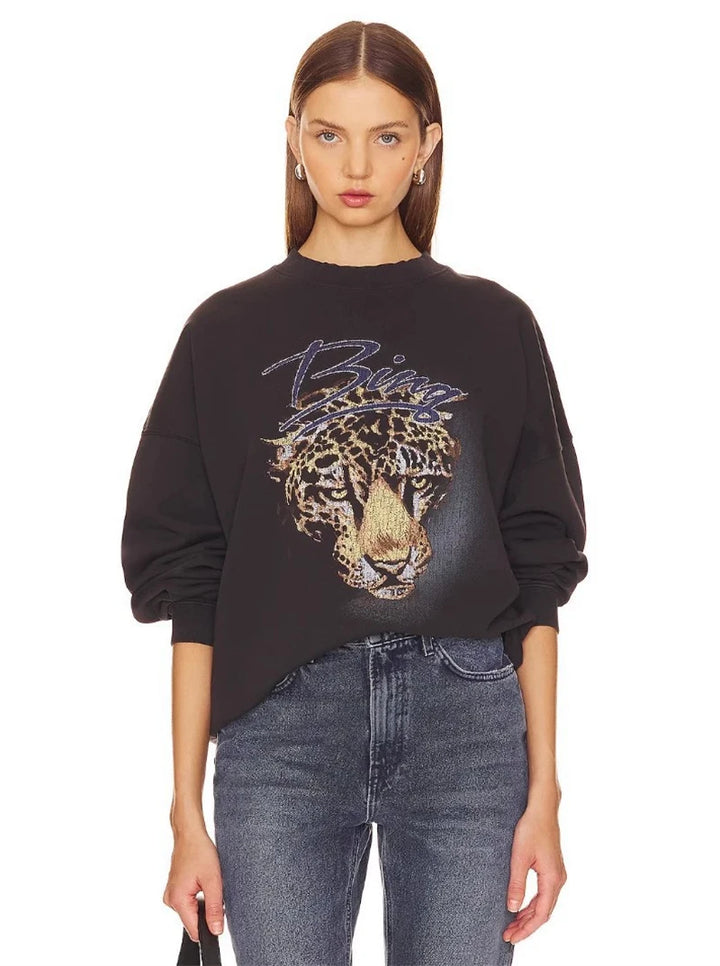 New Autumn Winter Styles North American Tiger Head Digital Printing Washed Fried Color Distressed Women's AB Sweatshirt - ATFH
