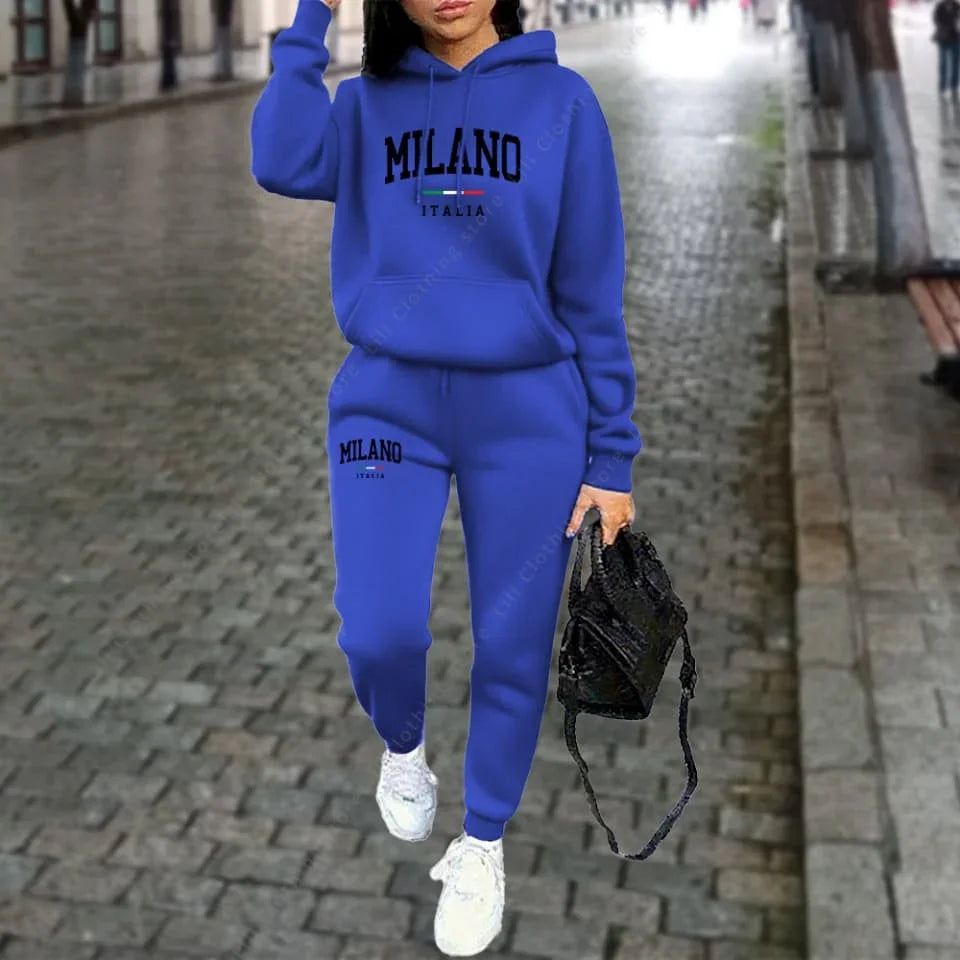 Women's Tracksuit Hoodies Pants Fall Winter Matching Set Athleisure MLANO Letter Print Fleece 2 Piece Sweatpants Set for Woman