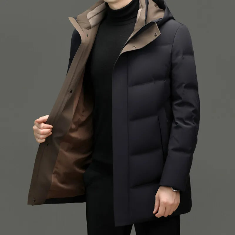 Casual 2026 Winter Men's Warm Mid-Length Hooded Duck Down Jackets Outwear Loose Windproof Puffer Coat Thick Padded Tops Clothing