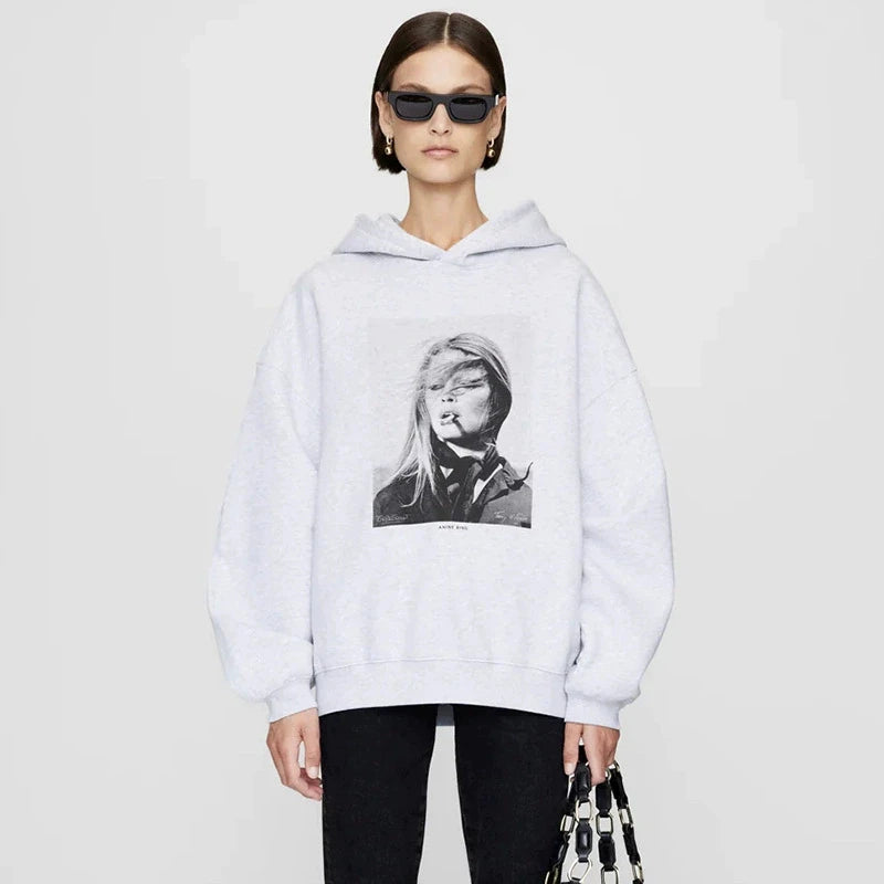Autumn and Winter New Women's Beauty Graphic Print Hoodie long sleeve relaxed fit hoodie sweatshirt female grey - ATFH