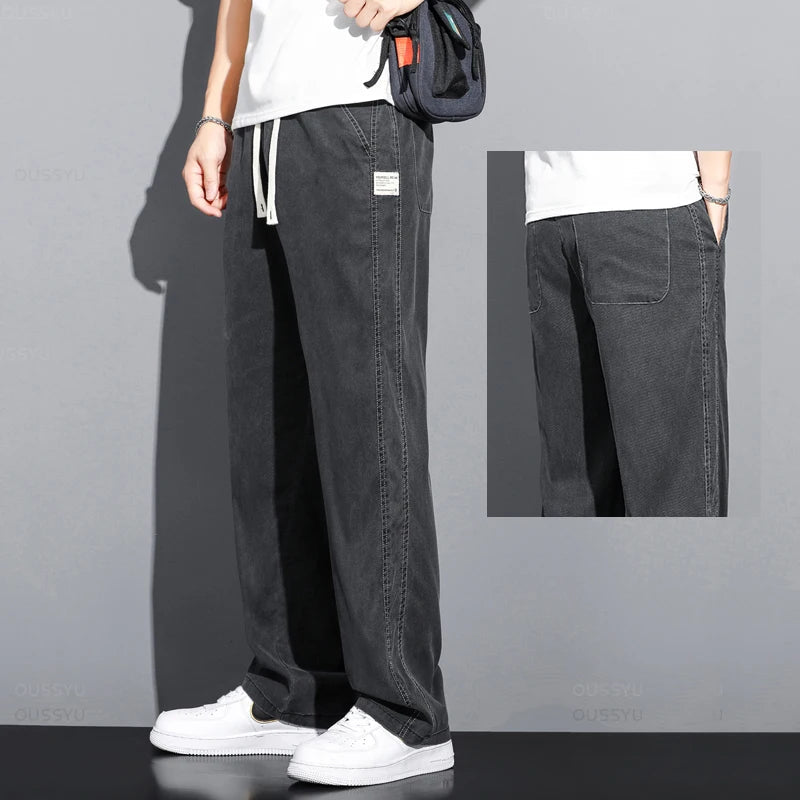 Summer Soft Lyocell Fabric Men's Jeans Thin Loose Straight Pants Drawstring Elastic Waist Korea Casual Trousers Plus Size M-5XL ATFH