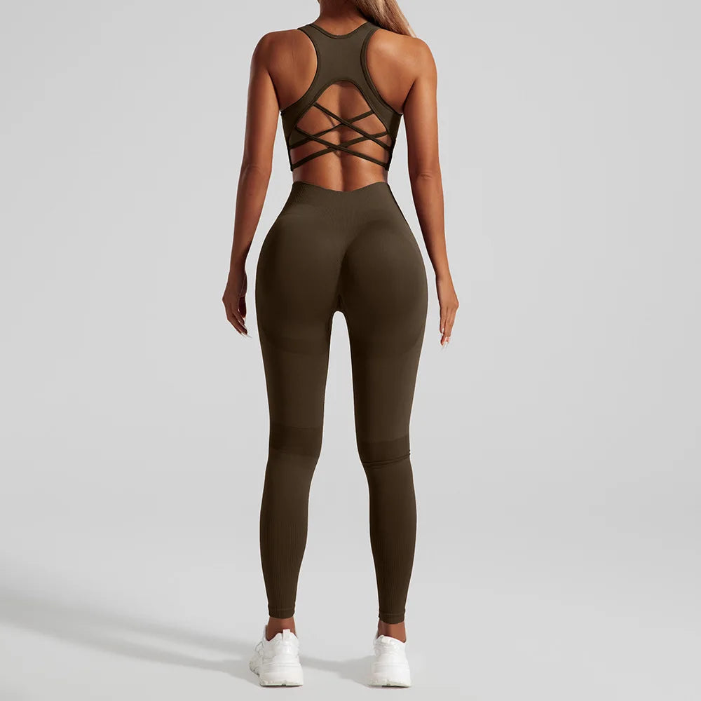 Seamless Yoga Set Two Piece Set Womens Outifits Workout Gym Set Fitness Clothing Tracksuit Backless Crop Top Leggings Sport Suit - ATFH