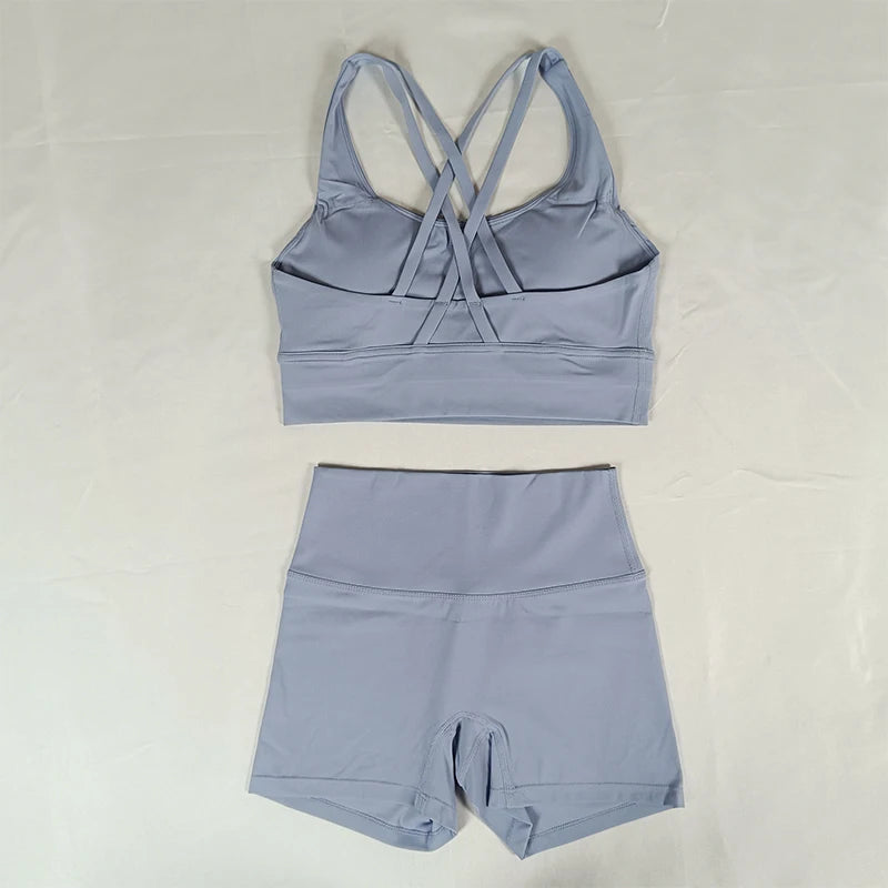 2 Pieces Yoga Clothes Gym Sets Sports Shorts Women Cross Back Bra Top High Waist Shorts Fitness Suits Running Workout Tracksuit - ATFH
