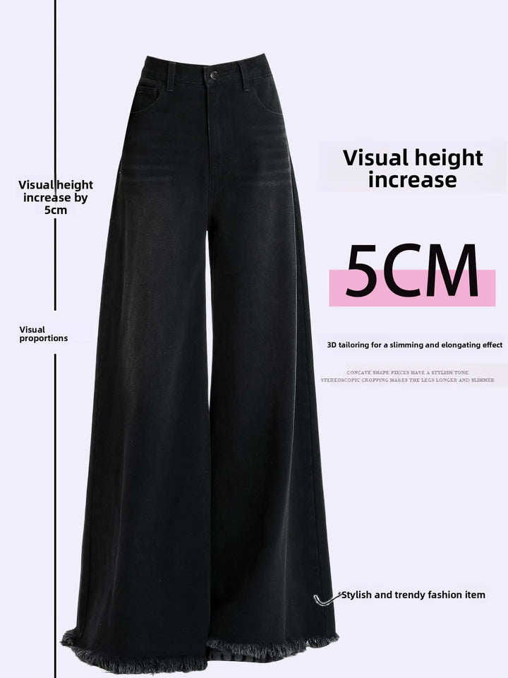 American Retro Black Frayed Wide Leg Jeans Women plus Size Loose Slimming Not Fitting Design Long Pants High Waist Denim
