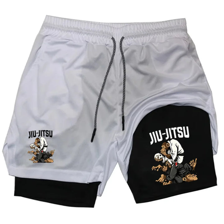 Men's Jiu Jitsu Monkey Print 2-in-1 Compression Shorts Quick Dry Gym Training BJJ Sports Workout Shorts with Liner WX198