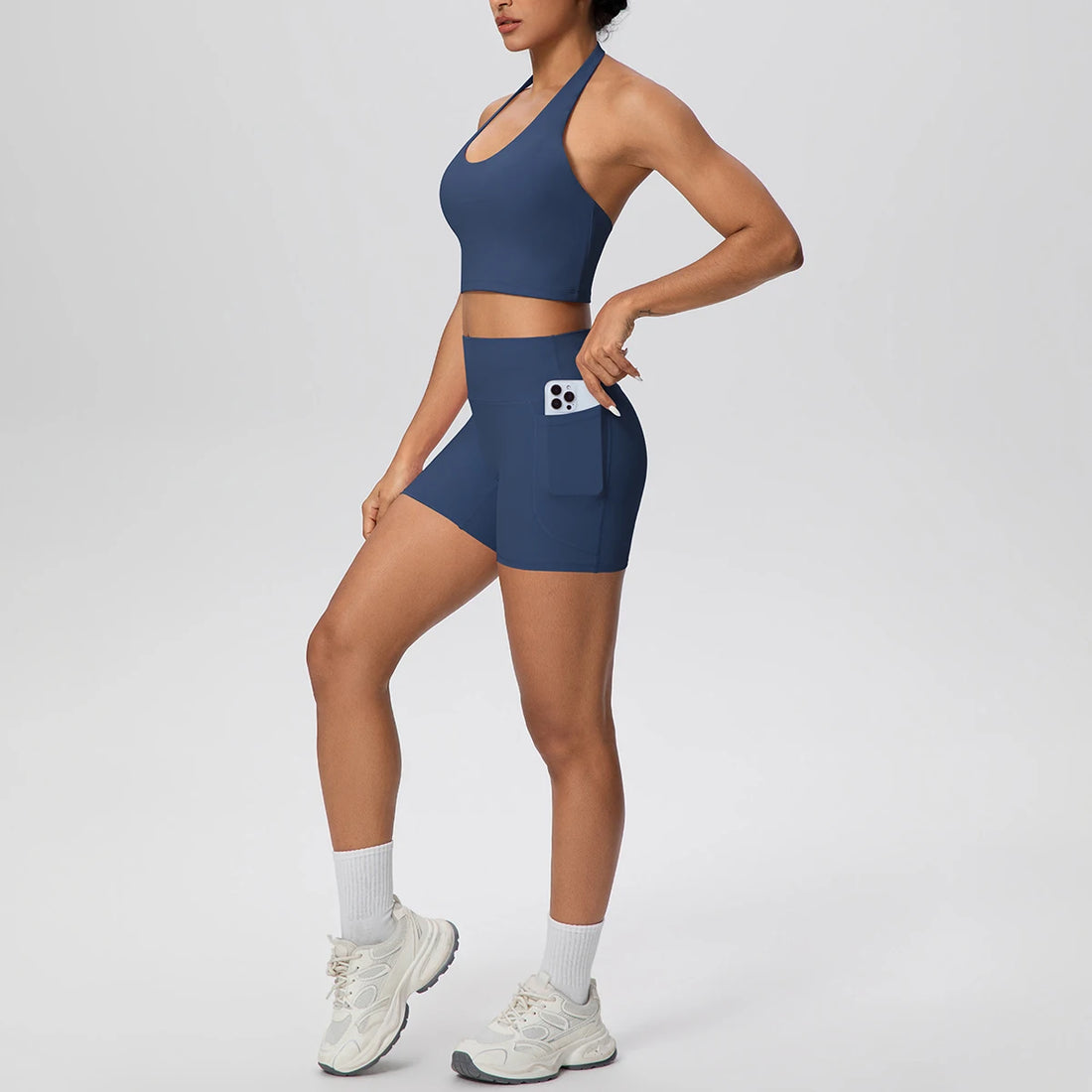 2PCS Women Yoga Set Solid Color Beautiful Back Hanging Neck Bra with Chest Pad Quick-Dry Fitness Shorts With Pockets Yoga Set - ATFH
