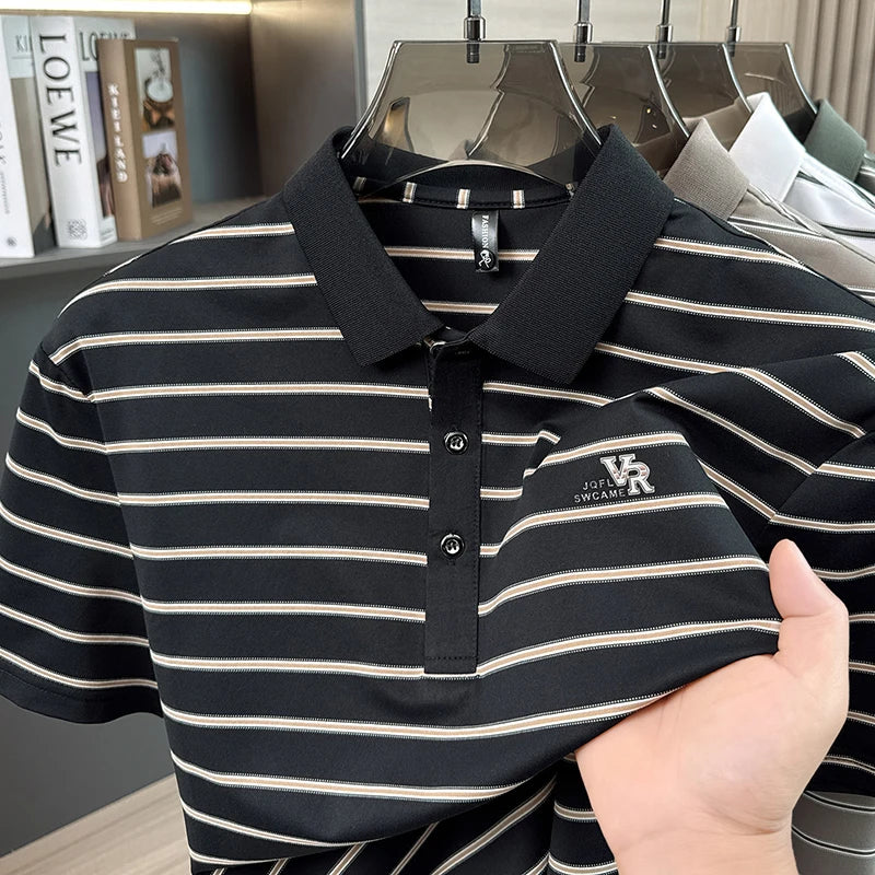 High end brand men's short sleeve polo shirt fashion letter embossed business casual summer breathable luxury striped T-shirt
