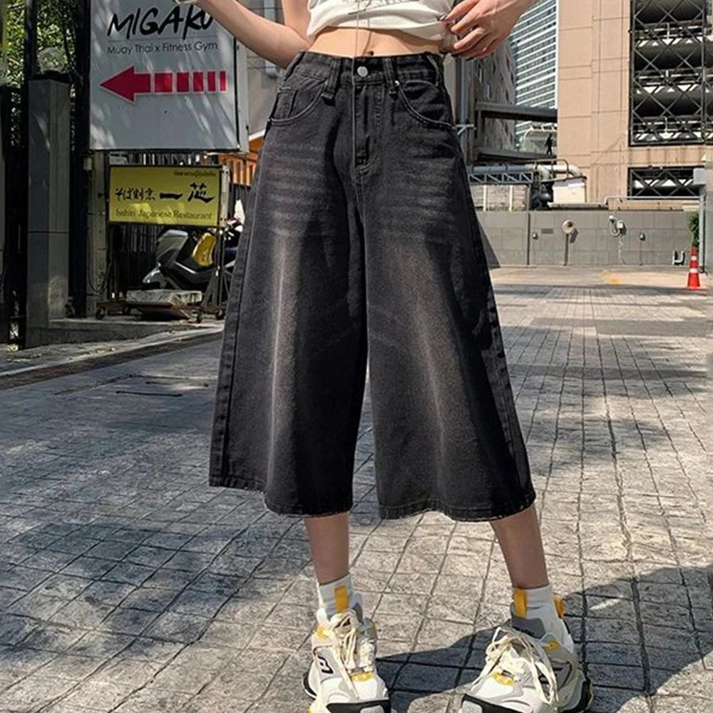 Summer American Style Vintage Women Baggy Jeans Y2k Loose Washed High Waist Knee Length Denim Pants Streetwear Wide Leg Shorts ATFH
