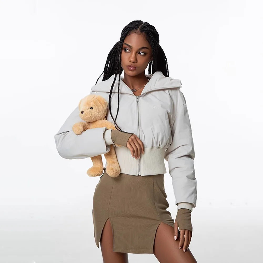 Women Hooded Puffer Jackets Streewear High Waist Warm Bubble Coats Slim Puffer Jacket Parkas Zipper Cropped Down Parkas New Lady ATFH