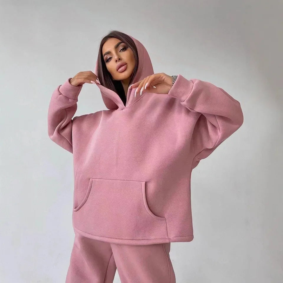 2025 New Autumn Winter Hooded Pocket Loose Sweatshirt Set Women Multi Color Options Casual Sport Two Piece Outfit