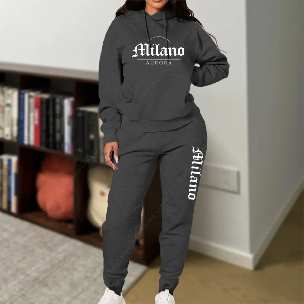 Matching Set for Woman Hoodies Sweatpants Set Fall Winter Athleisure MLANO Letter Print Fleece 2 Piece Womens Tracksuit 2026 New