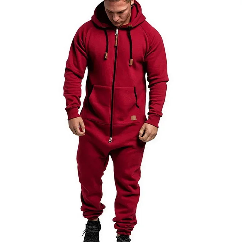 New Custom Design Jumpsuit Pajamas Long-sleeved sports pants solid color splicing casual sweater men's zipper hoodie - ATFH