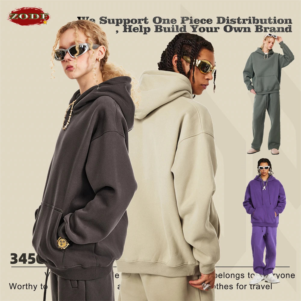 Autumn Winter Men 345gsm Fleece Hoodies Unisex Women Relax Fit Warm Solid Hooded Pullovers Sweatshirts HY0863 - ATFH