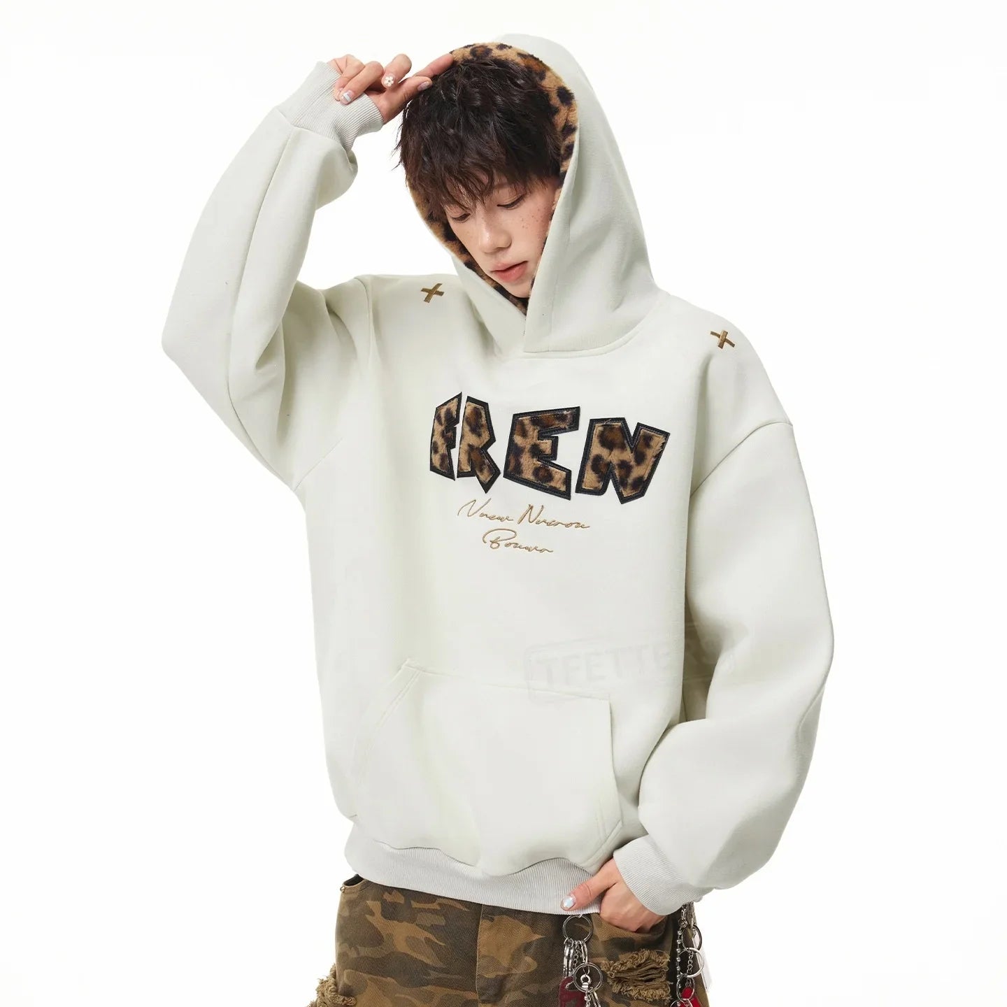 TFETTERS 2026 Autumn Hooded Sweatshirt Men Heavy Weight Leopard Letter Patch Embroidery Inner Hood Splice Loose Streetwear Top