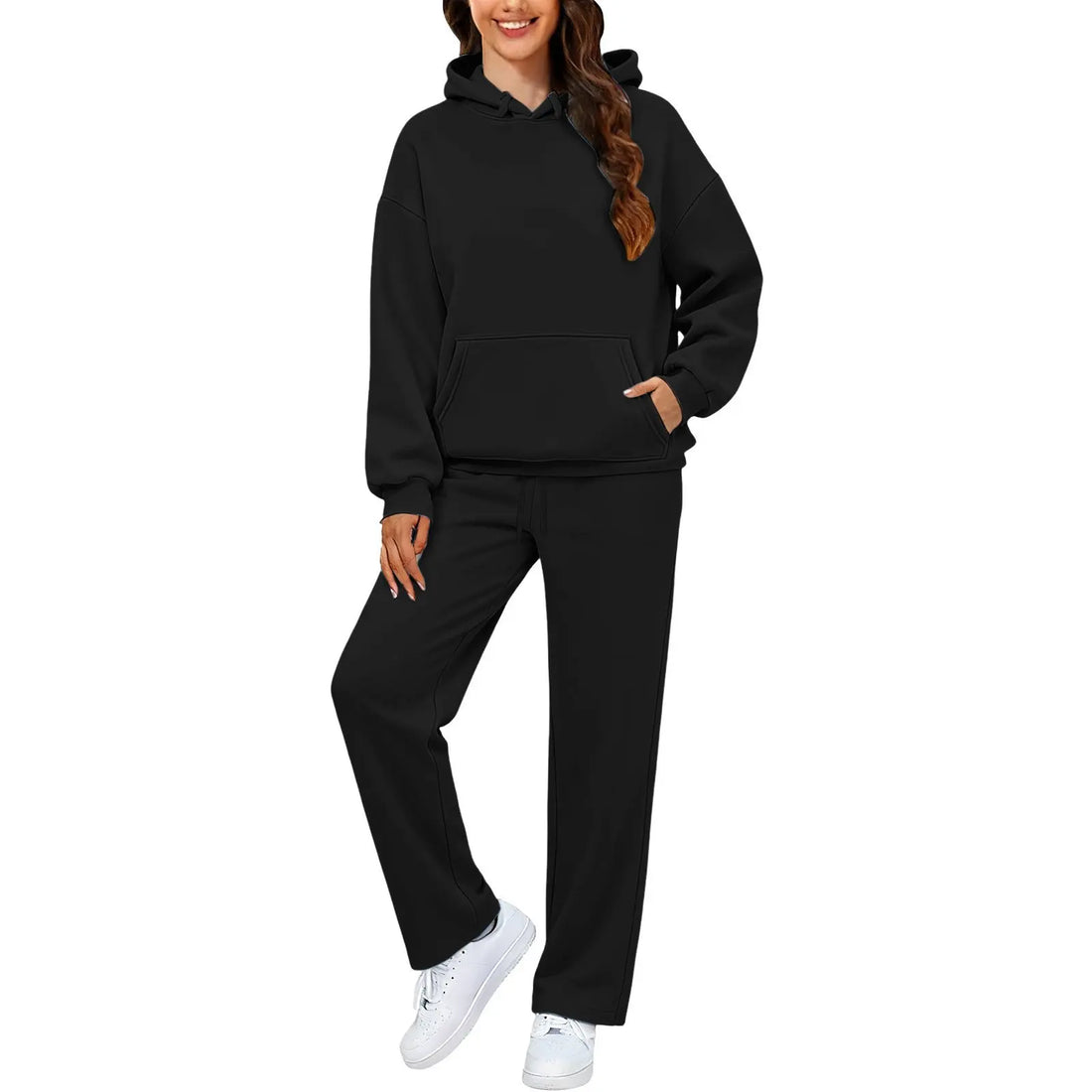 Autumn Winter Women Hoodie+Wide Leg Pants Two Pieces Casual Fleece Loose Long Sleeve Tracksuit Comfortable Sports Women Suit