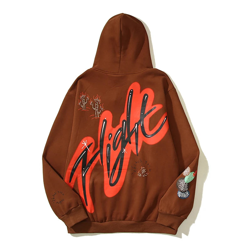 Cactus Jack Letter Brown Fleece Hooded Sweatshirts for Men High Street Baggy Casual Hoodies Unisex Oversized Pullover Hoody - ATFH