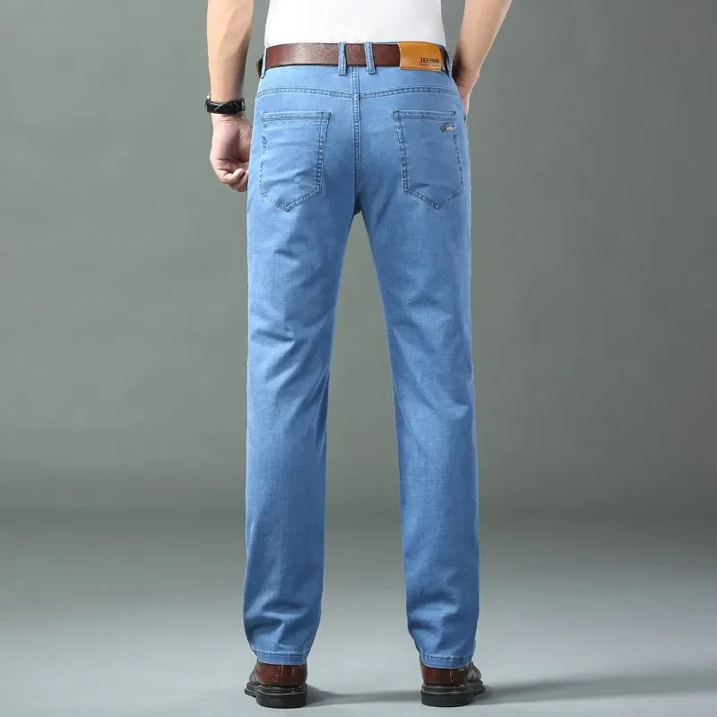 New Ice Silk Thin Denim Jeans For Men Blue Straight Stretch Cotton Pants Business Casual Lightweight Trousers Spring Summer ATFH