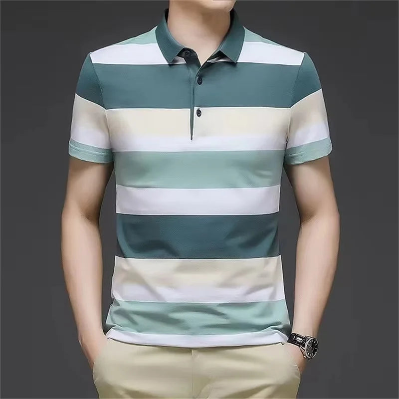 Men's Stripped Pattern Polo Shirt Summer Casual Short Sleeve Button Golf T Shirt Clothes Men's Oversized Polo Shirts Tops