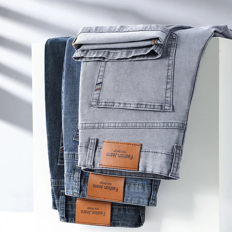 Summer Thin Men's Elastic Cotton Jeans Fashion Gray Comfortable Business Straight Casual Pants Brand Male Clothes Trousers ATFH