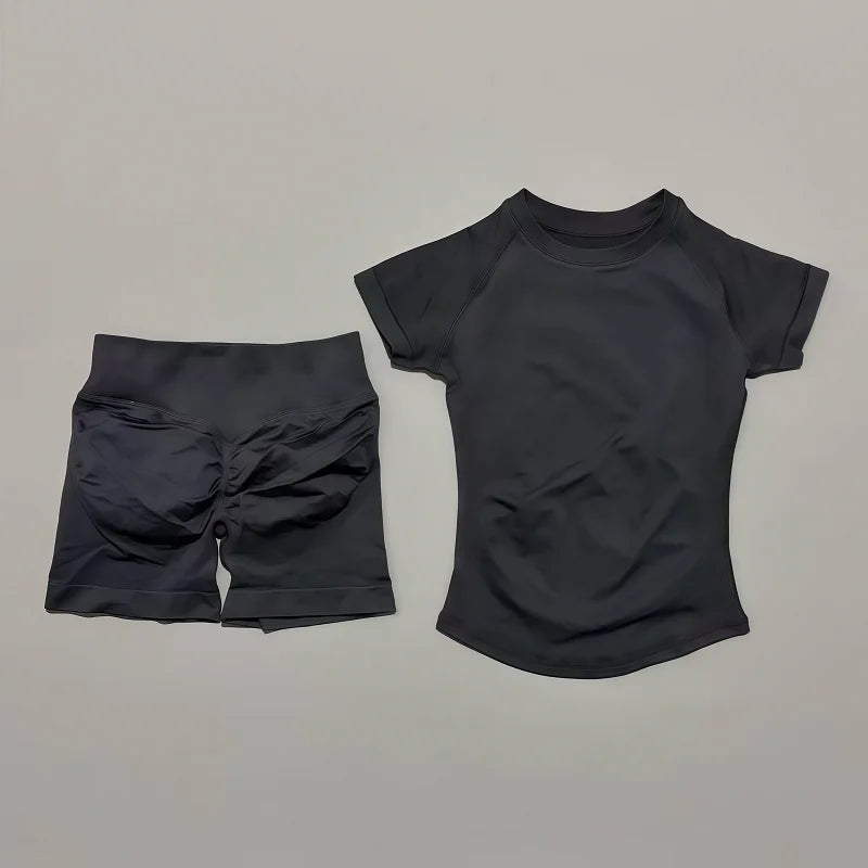 2 Pieces HISTELLO Sports Sets Short Sleeve Seamless Yoga Top Fitness Set Women Workout Running Sports Shorts Gym Suit - ATFH