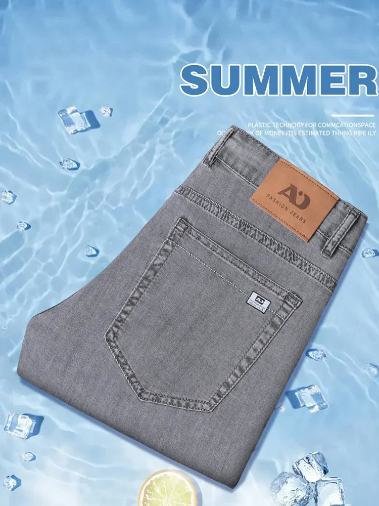 Summer Thin Men's Loose Straight Jeans Lyocell Soft Drape Business Casual Trousers Classic Smoke Gray Brand Ice Silk Pants ATFH