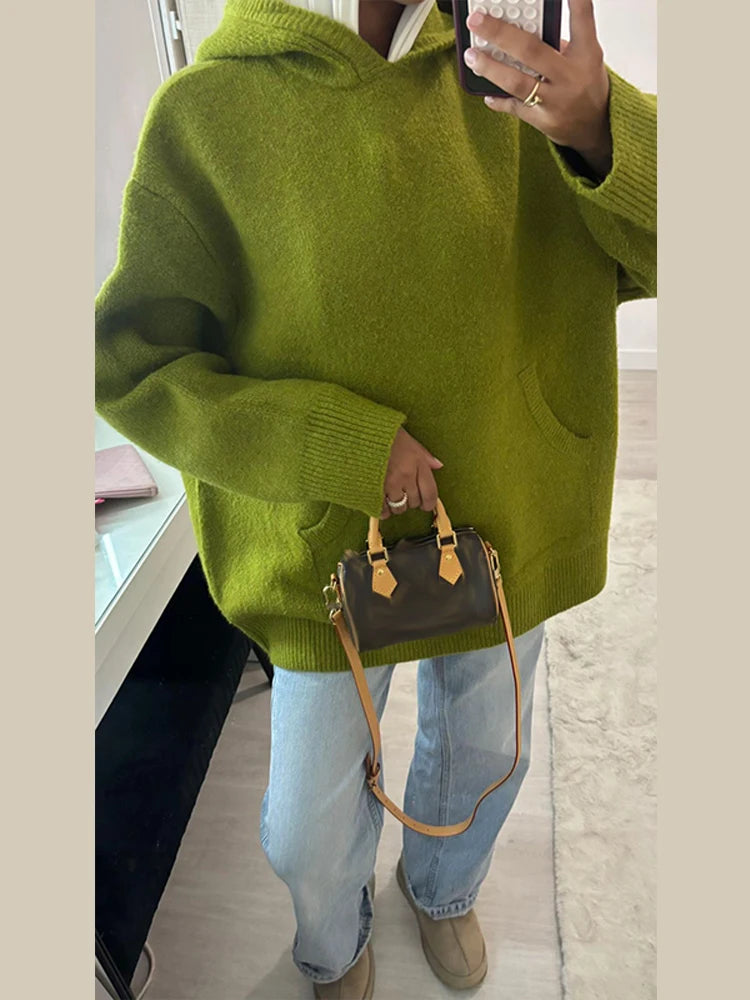 Casual Knitted Women's Sweater Hooded Solid Loose Big Pocket Thicken Lady Sweaters 2026 Spring Fashion Female Street Outwear - ATFH