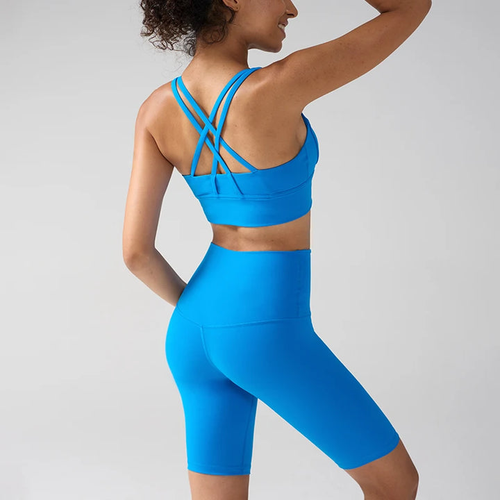 Women's 2 Piece Yoga Gym Sports Clothes Set Cross Back Bra Top with High Waist Shorts Fitness Running Workout Tracksuit - ATFH