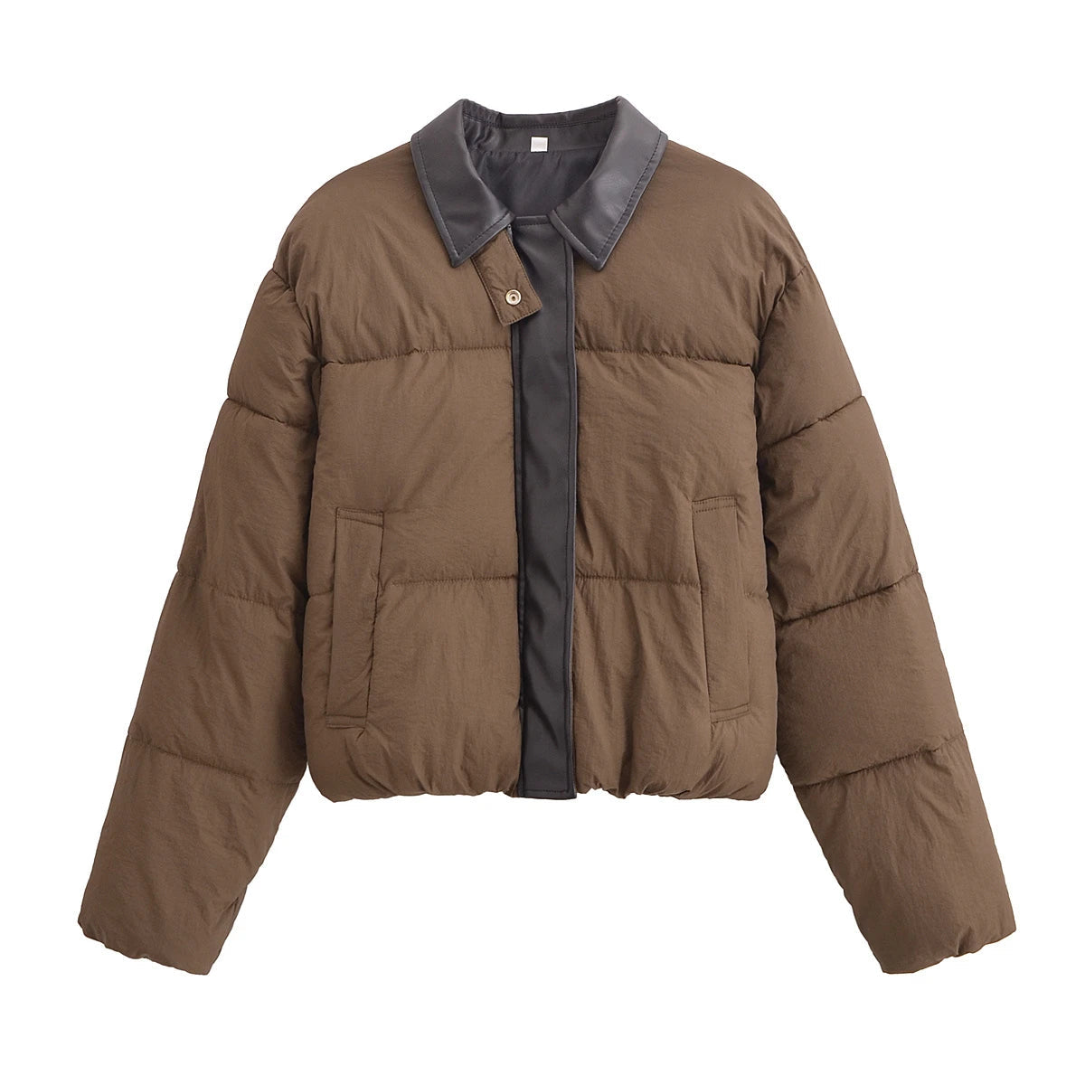 KEYANKETIAN Winter New Women's PU Leather Patchwork Lapel Contrasting Color Placket Zipper Cotton Jacket Women Bread Jacket ATFH