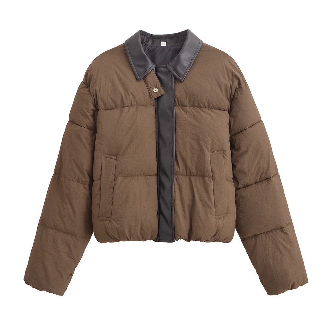 KEYANKETIAN Winter New Women's PU Leather Patchwork Lapel Contrasting Color Placket Zipper Cotton Jacket Women Bread Jacket ATFH