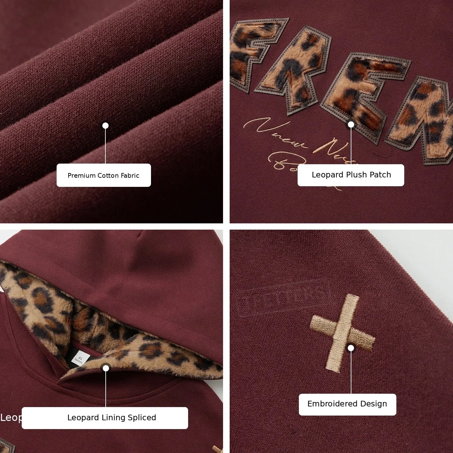 TFETTERS 2026 Autumn Hooded Sweatshirt Men Heavy Weight Leopard Letter Patch Embroidery Inner Hood Splice Loose Streetwear Top