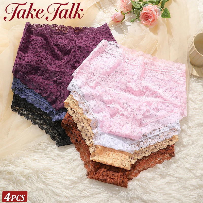 4PCS/SET See Through Lace Panties Women High Waist Full Hip Breathable Underwear Multi Color Skin-Friendly Intimate Lingerie New