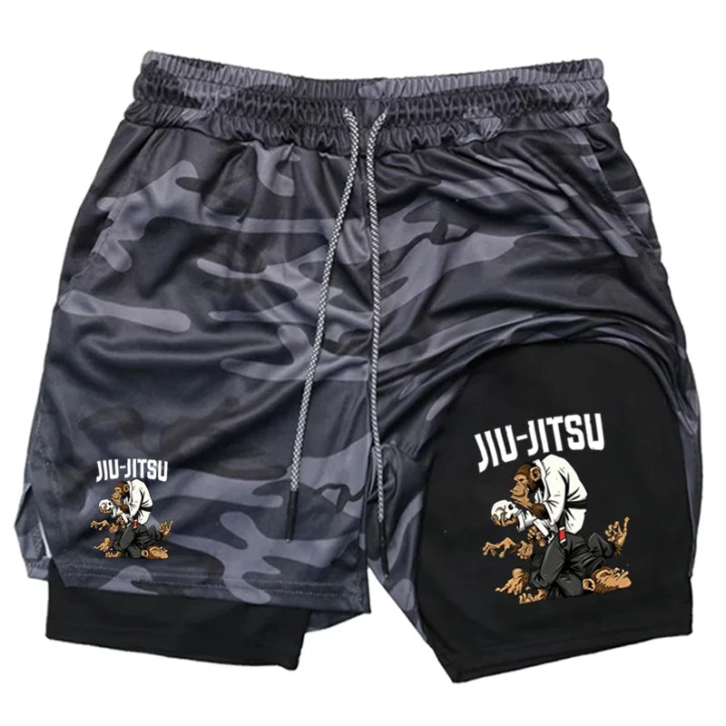 Men's Jiu Jitsu Monkey Print 2-in-1 Compression Shorts Quick Dry Gym Training BJJ Sports Workout Shorts with Liner WX198