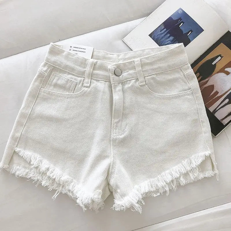 New Summer Women High Wiast Raw Hem Denim Shorts Soild White Black Blue Korean Wide Leg Pants Mon Shorts DURIKIES ATFH