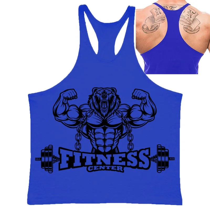 Men's Fitness Bear Graphic Stringer Tank Top, Bodybuilding Gym Vest, Summer Casual Street Fashion Sleeveless Shirt
