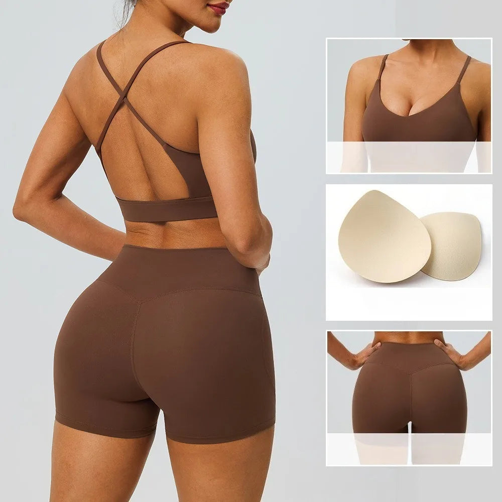 Women's 2-Piece Workout Set Cross Back Sports Bra & High Impact Shockproof Shorts  Gym Yoga Fitness Sports Set - ATFH