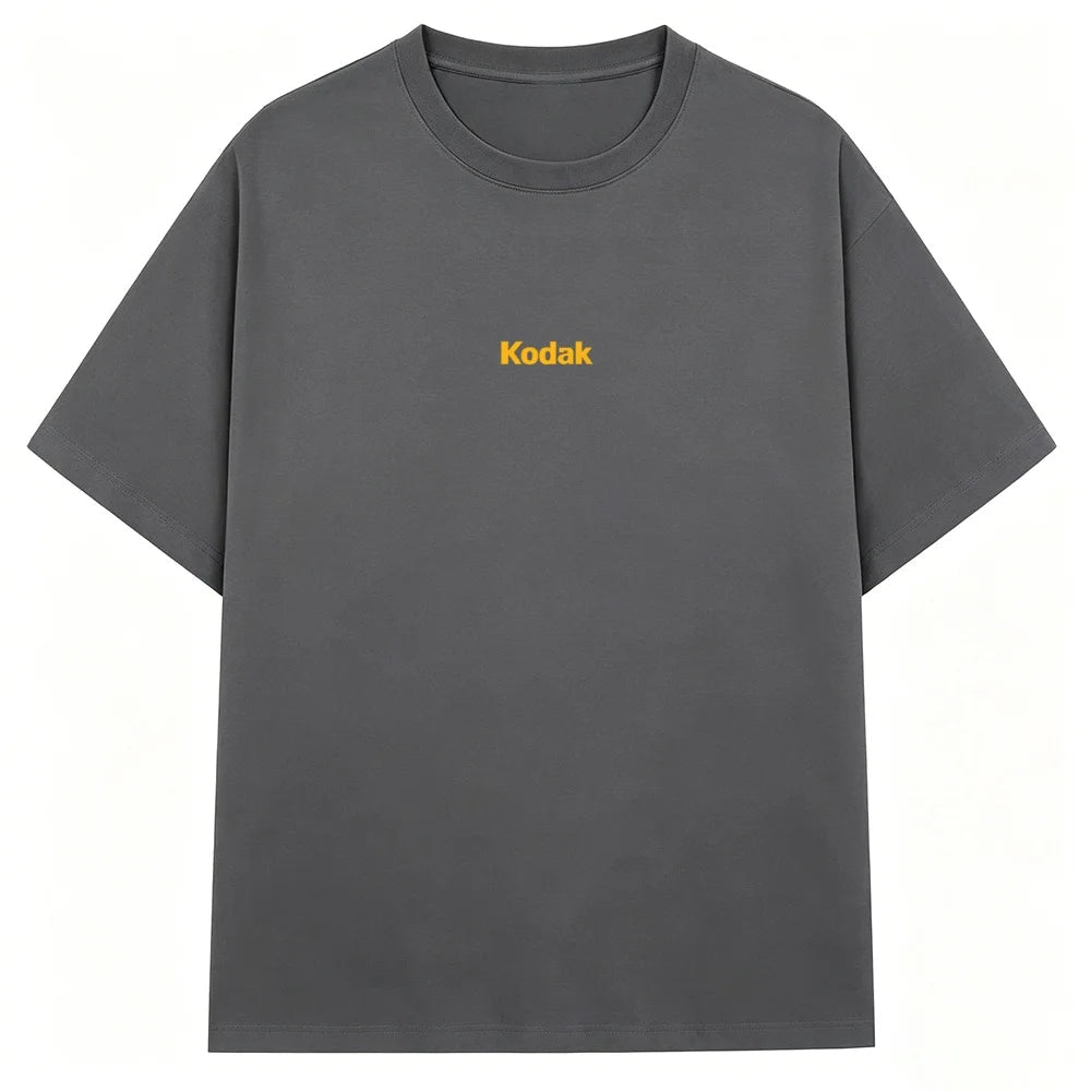 Black Kodak Basic Red Center Logo Graphic Tee, Simple White-on-Black Brand Print, Cotton Crewneck for Daily Casual Wear ATFH