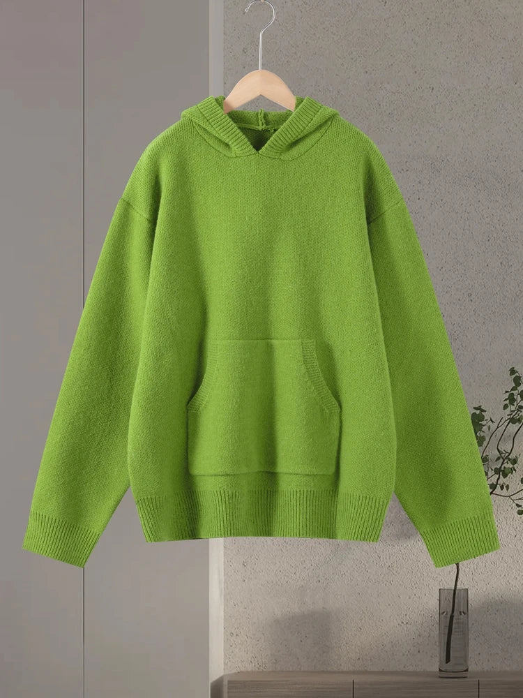 Fashion Green Knit Hooded Sweater Women Loose Long Sleeve Pocket Female Sweaters 2025 Autumn Winter New Lady Warm Pullovers - ATFH