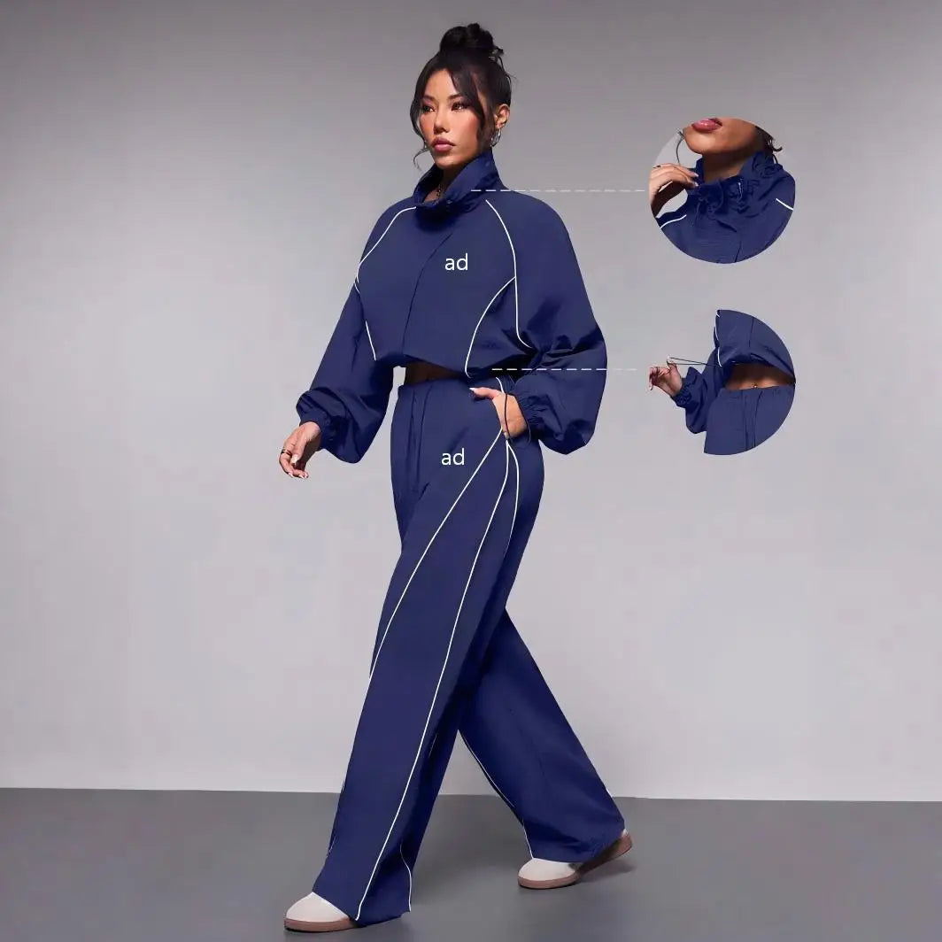 2-piece set of new casual women's fashion contrasting drawstring sports jacket, long pants long sleeved jacket set