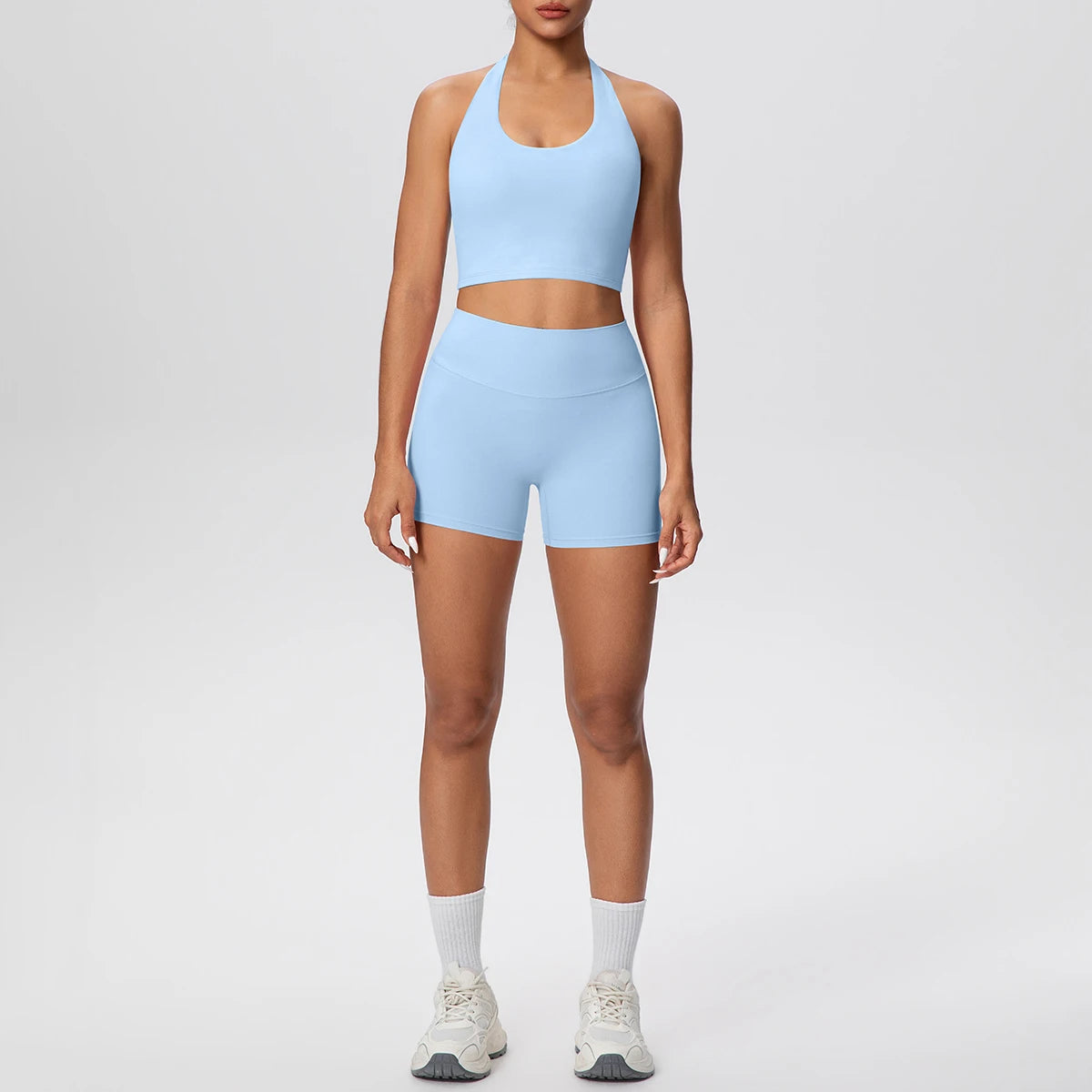 2picese Women Yoga Suit Solid Color High Waist Hip Push Up Fitness Shorts Sexy Pilates Backless Gym Hanging Neck Bra Yoga Set