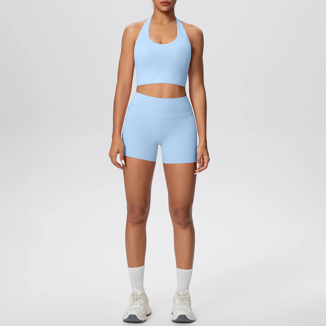 2picese Women Yoga Suit Solid Color High Waist Hip Push Up Fitness Shorts Sexy Pilates Backless Gym Hanging Neck Bra Yoga Set