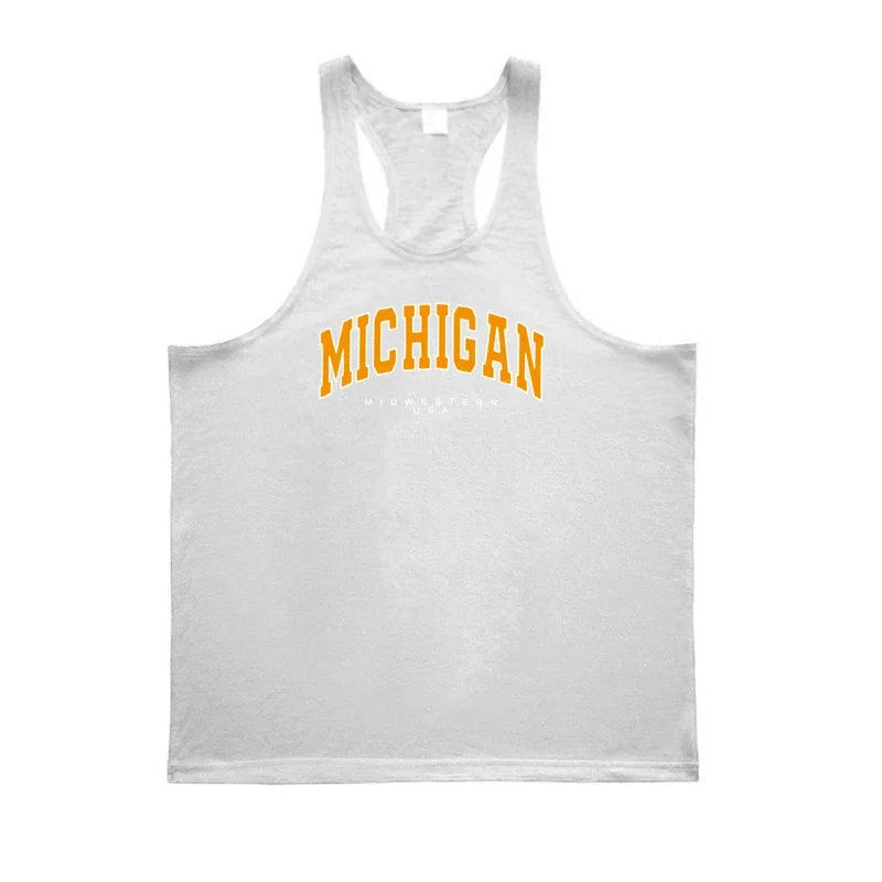 Michigan Midwestern USA Print Sport Tank Tops Mens Fitness Y-Back Cotton Sleeveless Shirt Gym Bodybuilding Muscle Stringer