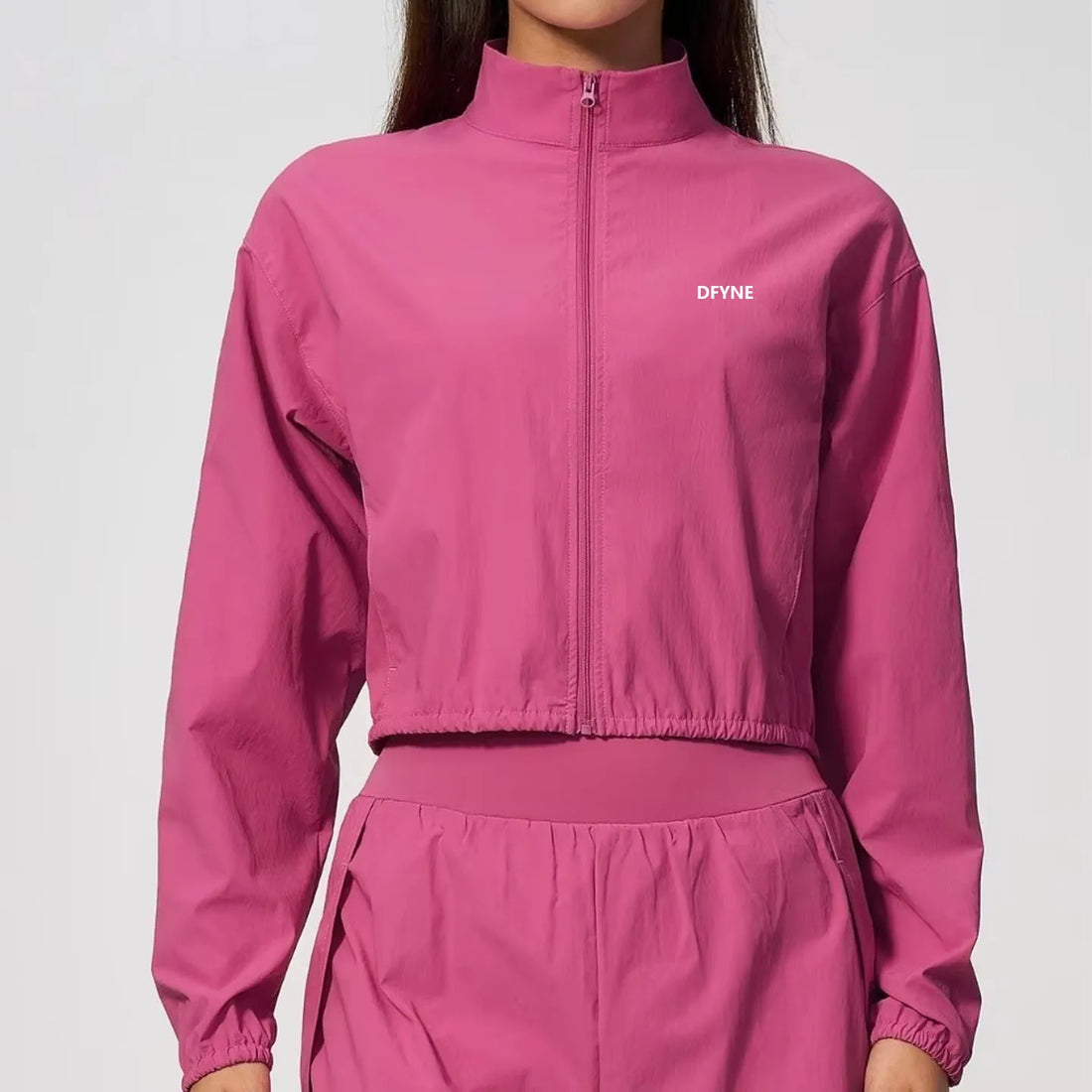 DFYNE Women Cropped Zip Up Jacket High Neck Long Sleeve Sportswear Casual Workout Running Yoga Jacket Lightweight Fitness Top