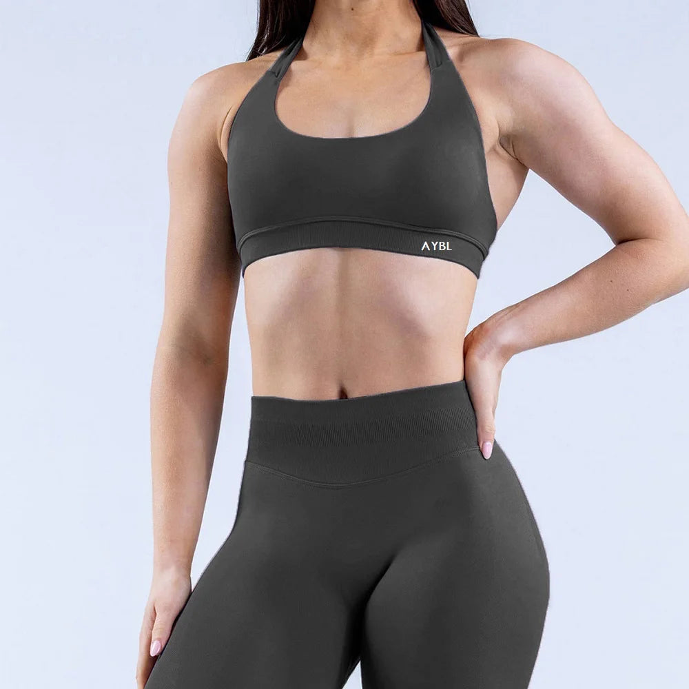 Impact Sports Bra Women Seamless Yoga Underwear Halter Neck Strap Open Back Design Gym Top Workout Fitness Running Bra - ATFH