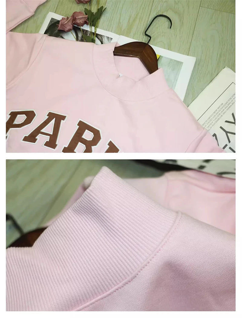 Pink Sweatshirt Women Comfortable Long Sleeve Sweatshirt Autumn Spring High Neck Loose Women's Letter Embroidery Hoodie Pullover - ATFH