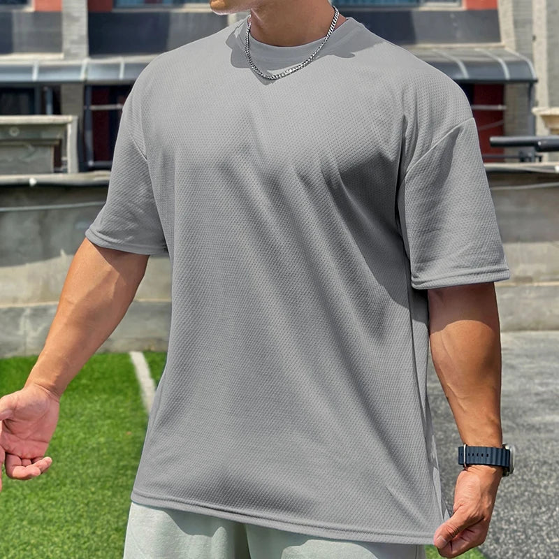 Plain Oversized Loose Mens Casual T-shirts Gym Bodybuilding Fitness Short Sleeves Tops Summer Mesh Breathable Quick Dry Shirts ATFH