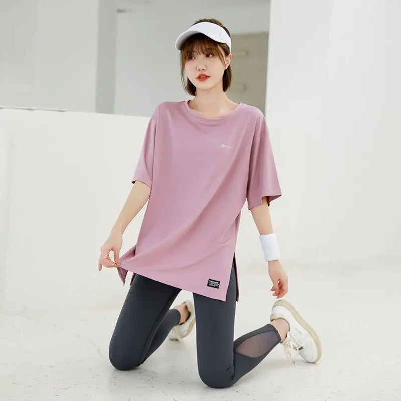 Loose T-shirts for Women Running Clothing Solid O-neck Summer Quick Drying Short Sleeve Korean Style Young Girls Students Soft - ATFH